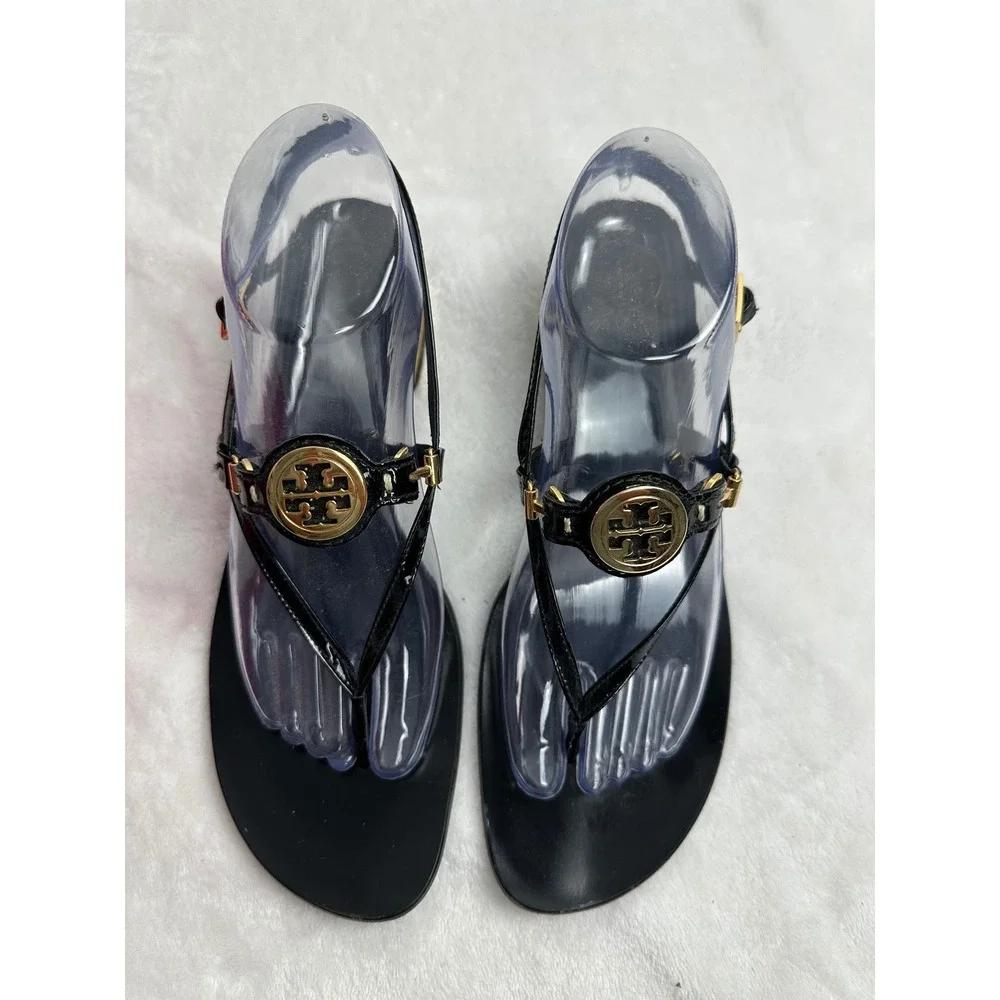 Tory Burch Block Heel Sandals Womens 9.5M Black Good Patent Leather Logo Thong